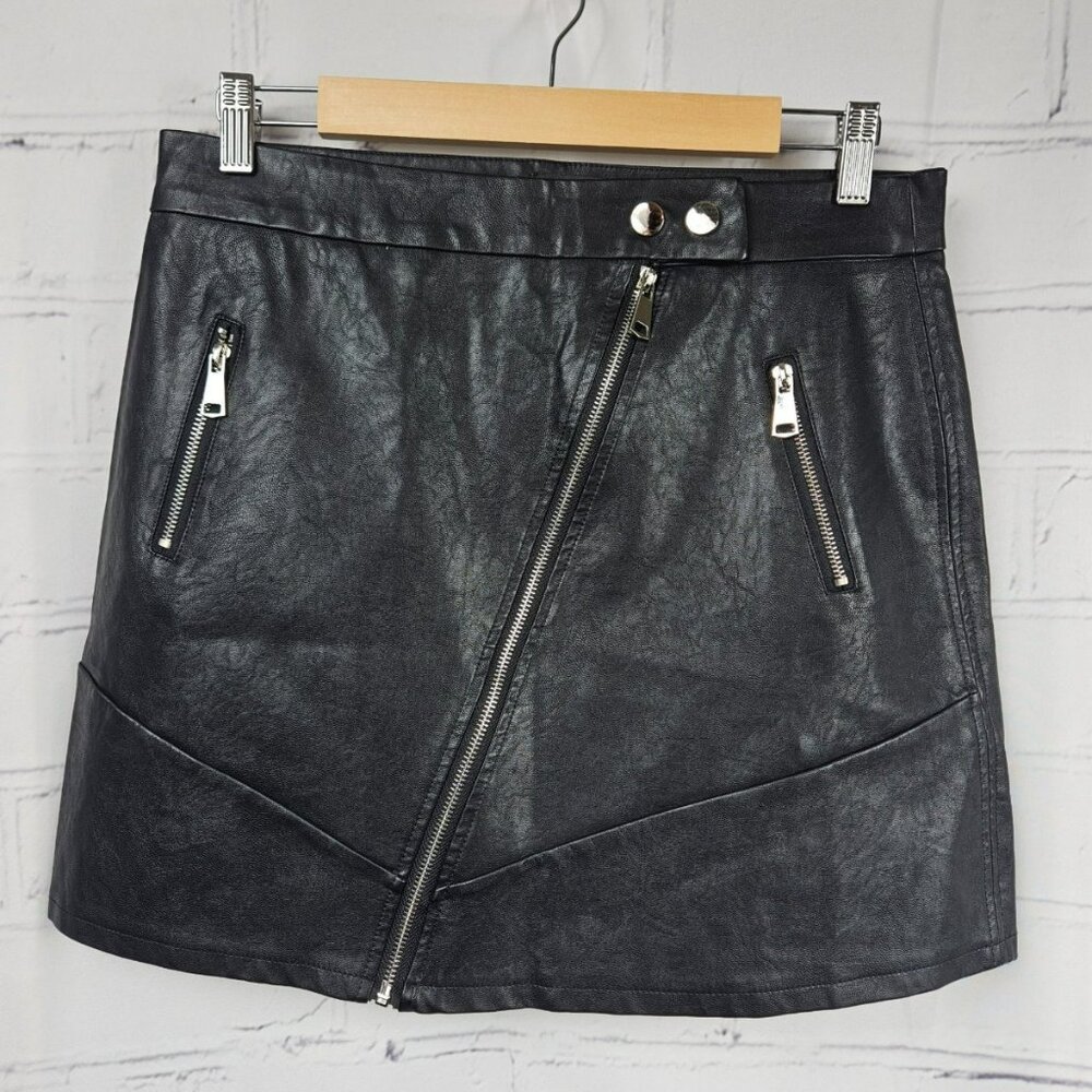 KENDALL + KYLIE Black Faux Leather Zip-Front Mini Skirt Womens Large Biker Punk